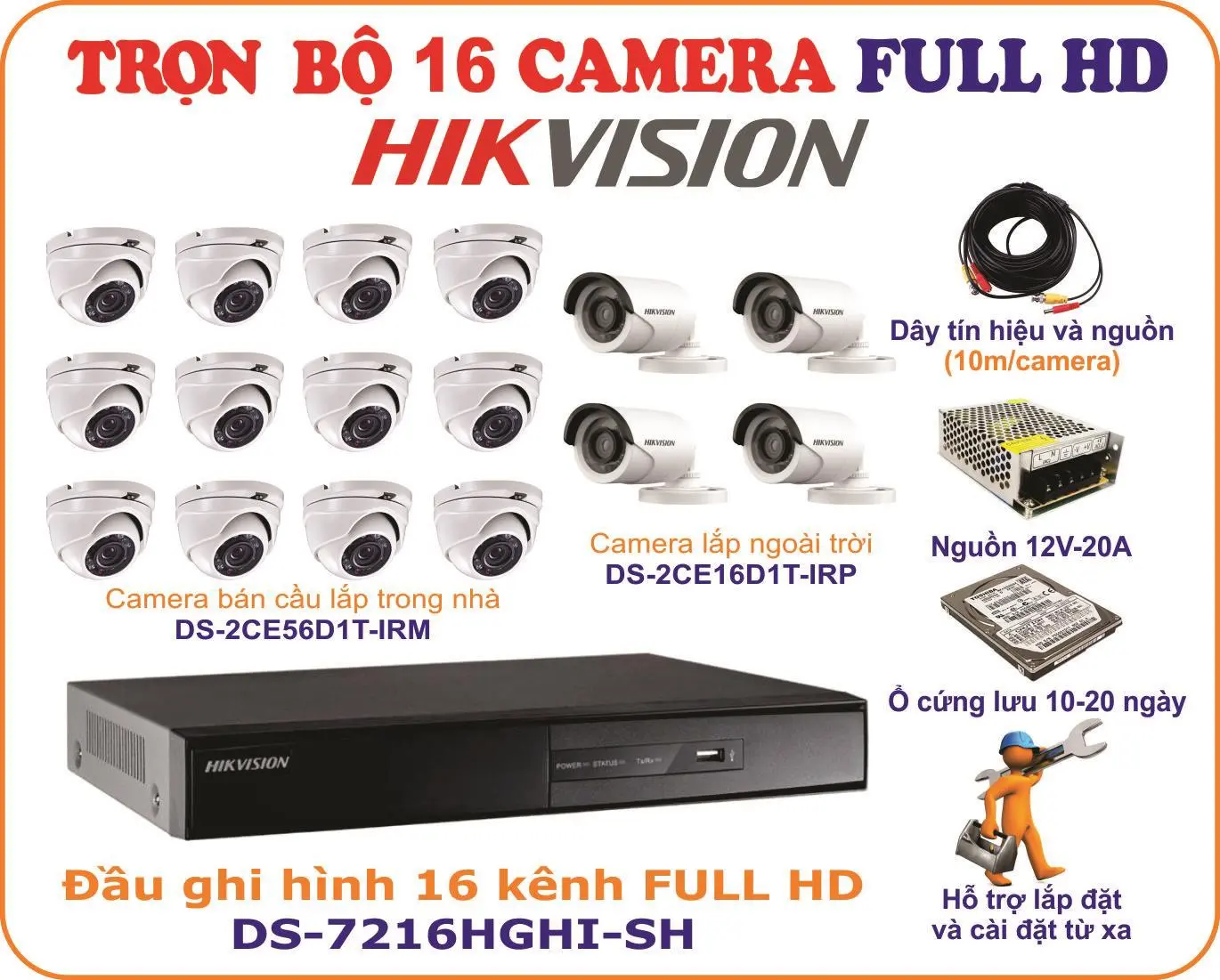 Lắp đặt trọn bộ 16 camera hikvision 2.0 chính hảng full hd